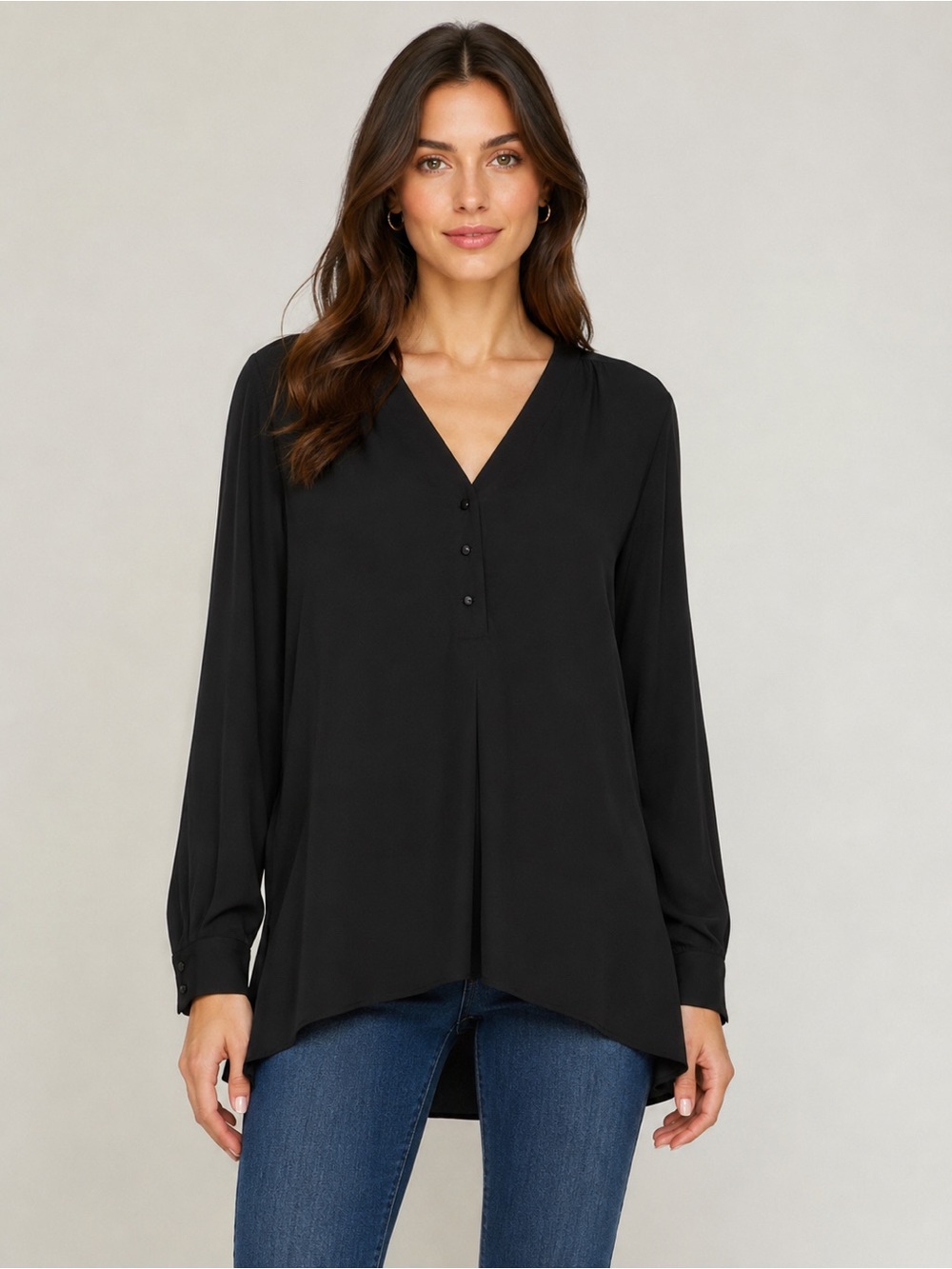 WHBM Women’s Black V Neck Tunic Blouse Long Sleeve Career size 8